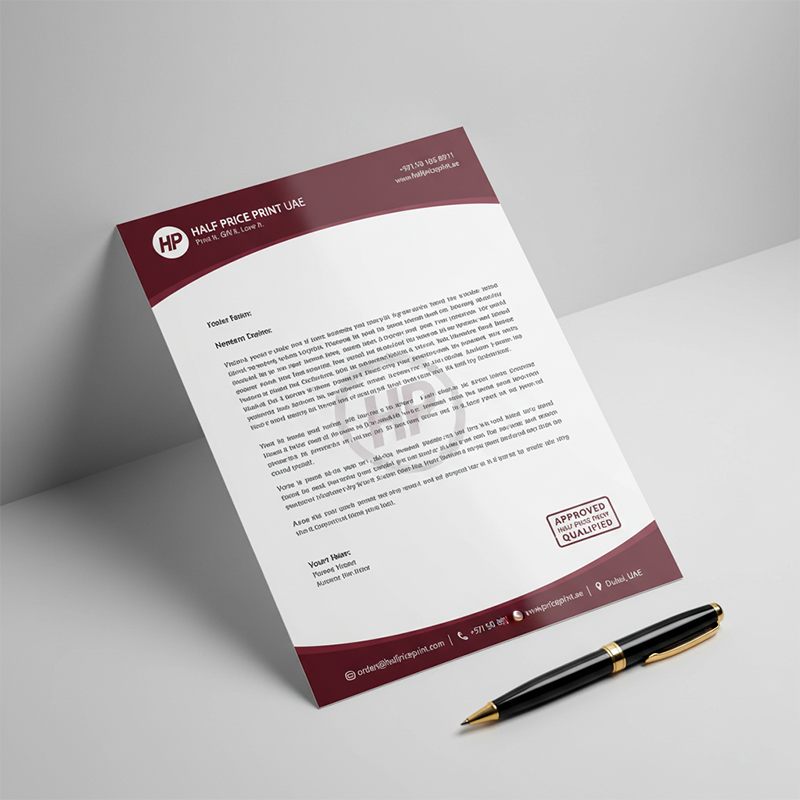 Letterhead with Half Price Print Branding and a pen on a gray surface