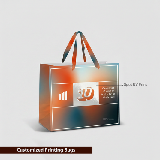 Customized printing bag with spot UV print on a gray background