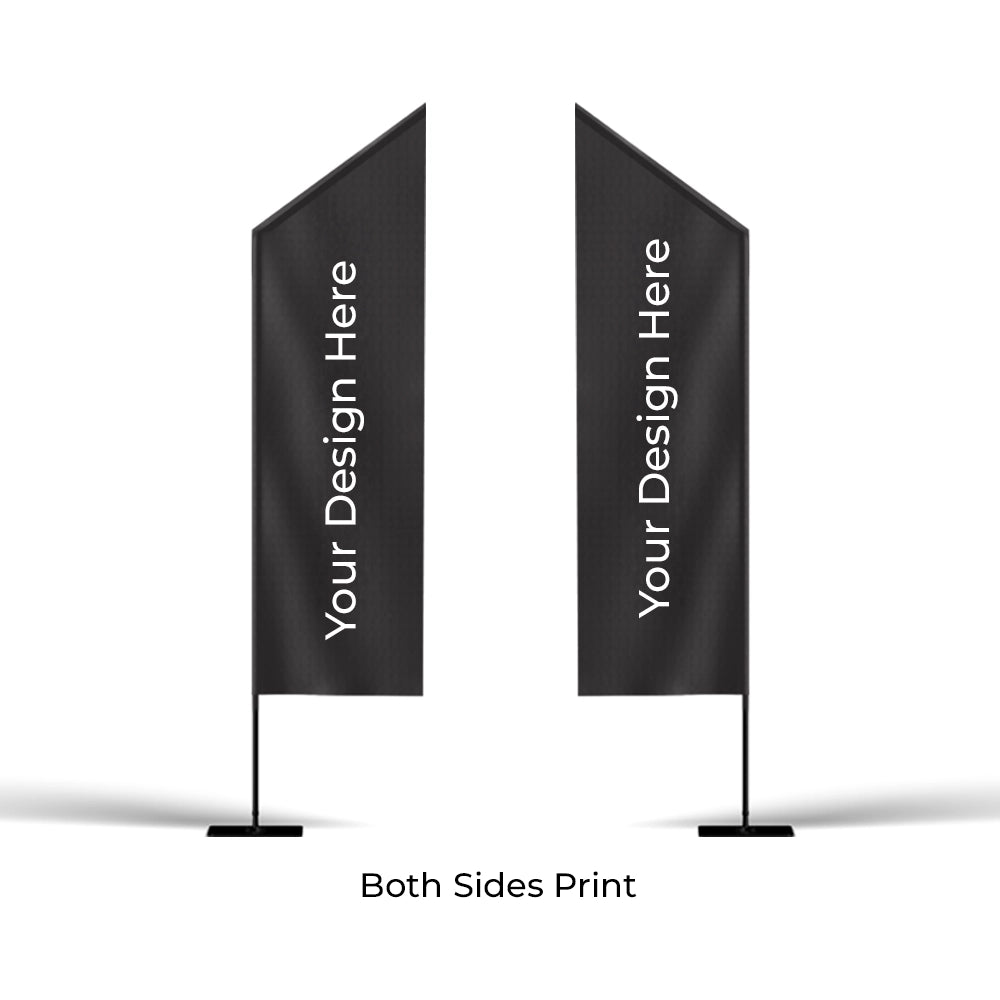 Two black blade flags with 'Your Design Here' text on a white background