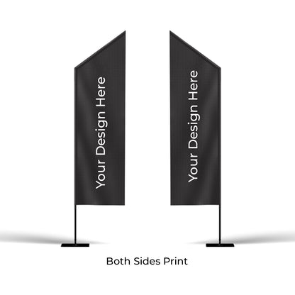 Two black blade flags with 'Your Design Here' text on a white background