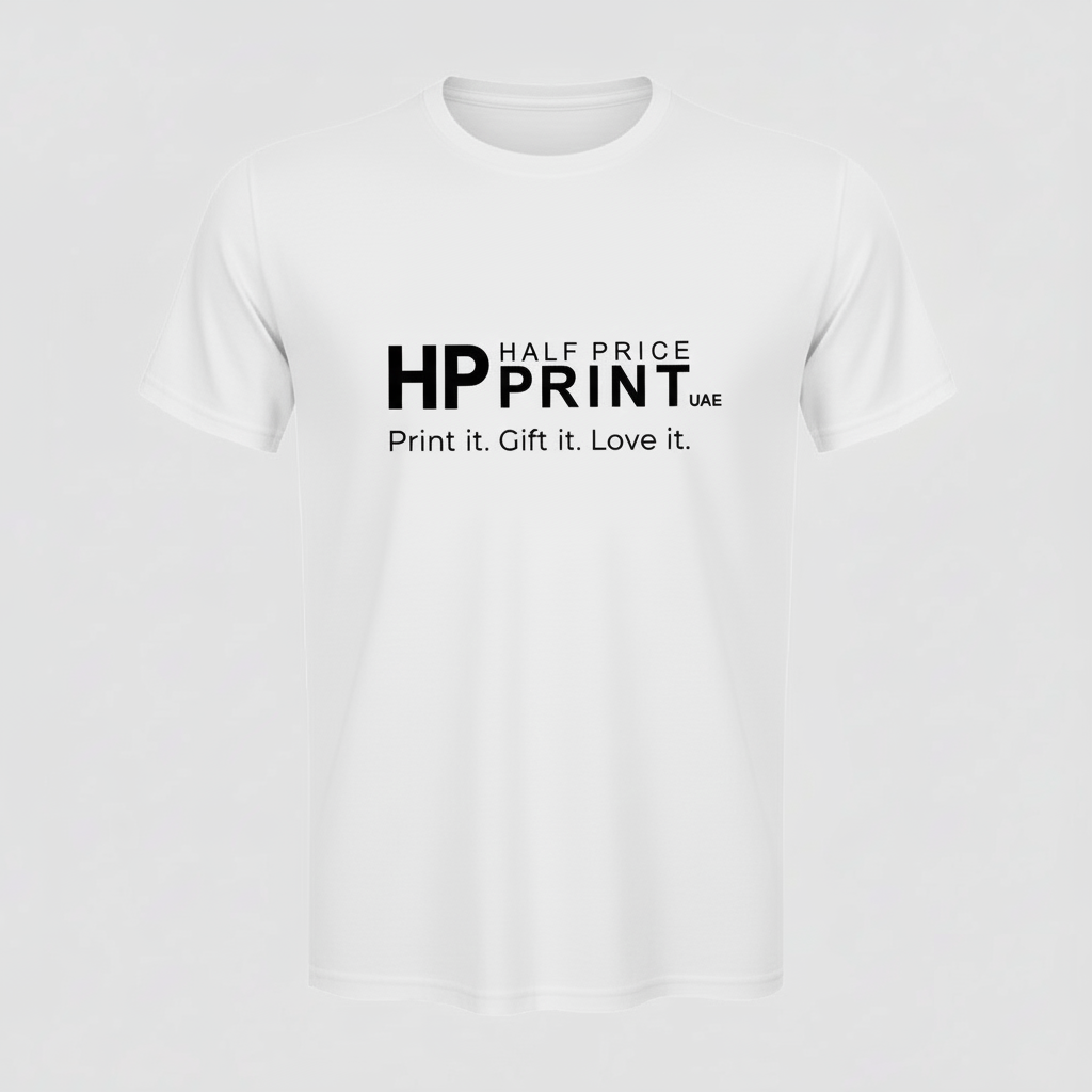 White t-shirt with Half Price Print Logo on a gray background