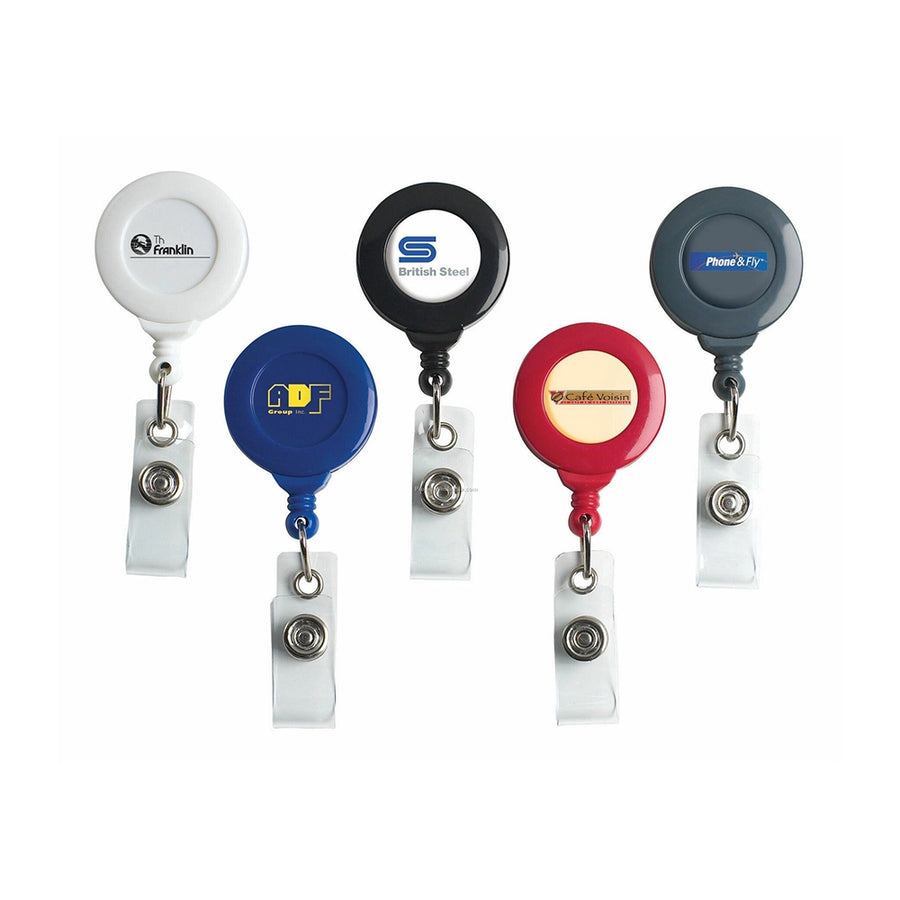Five badge holders with different colors and logos on a white background