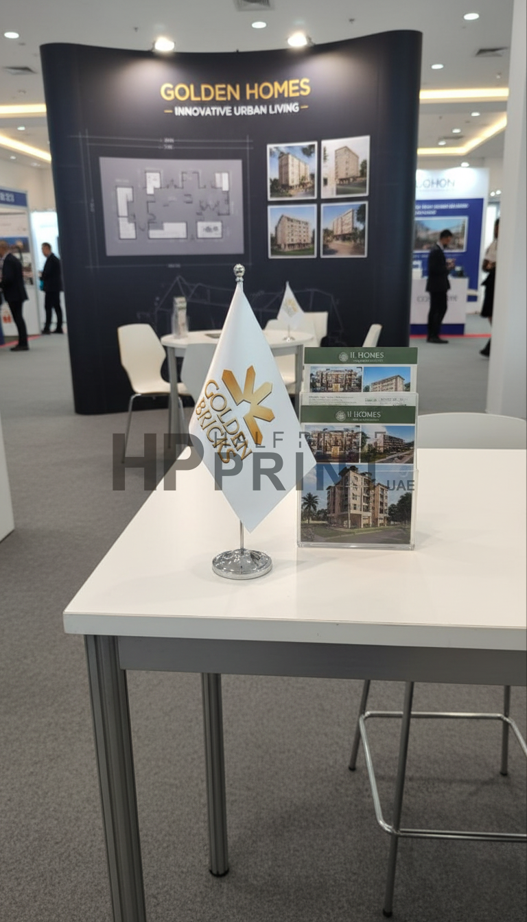Table with promotional materials and a branded flag at an exhibition stand.