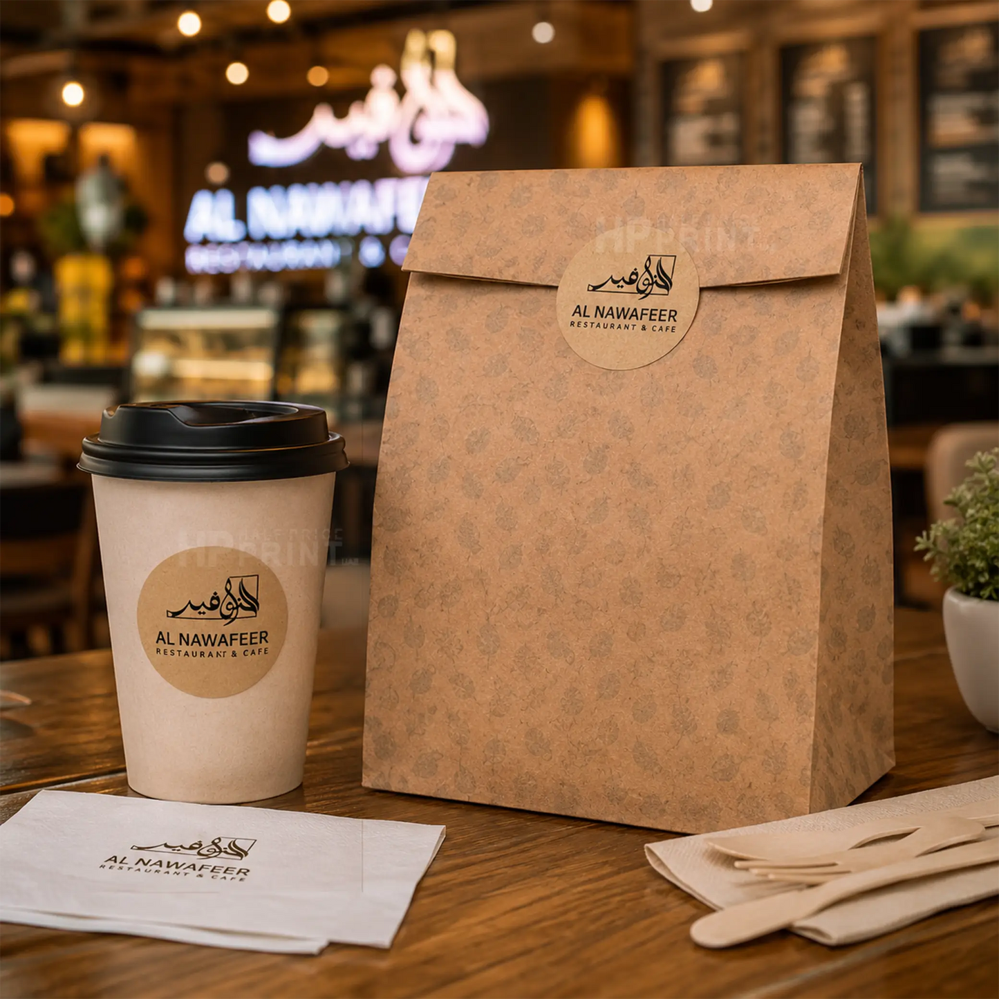 A kraft paper takeaway bag and matching paper coffee cup with Al Nawafeer restaurant branding, placed on a wooden table in a cafe setting.