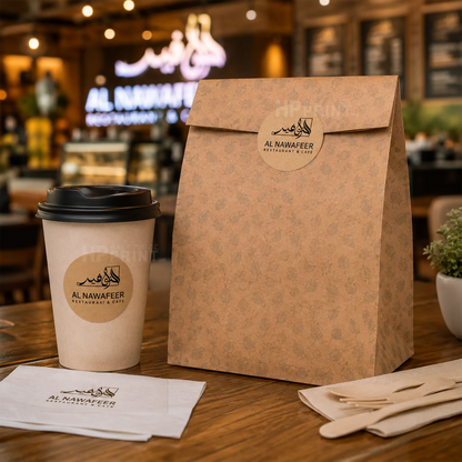 A kraft paper takeaway bag and matching paper coffee cup with Al Nawafeer restaurant branding, placed on a wooden table in a cafe setting.
