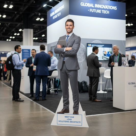 Cardboard cutout of a businessman at a technology trade show with 'Global Innovations' booth in the background.