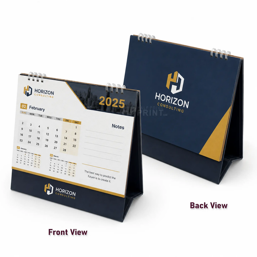 A desktop standing calendar shown in front and back views on a light gray studio background. The product is a spiral-bound desk calendar with a navy and gold design, printed with the Horizon Consulting logo and a February 2025 calendar page.