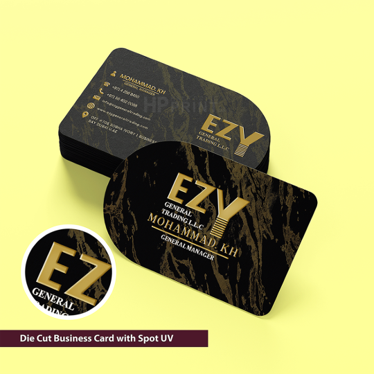 Black and gold business card with 'EZY' branding on a yellow background
