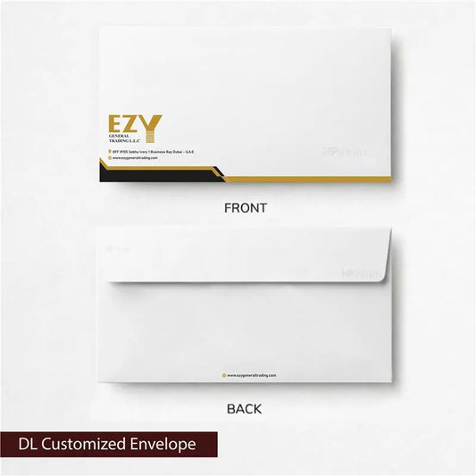 DL customized envelope with EZY General Trading LLC branding on a white background