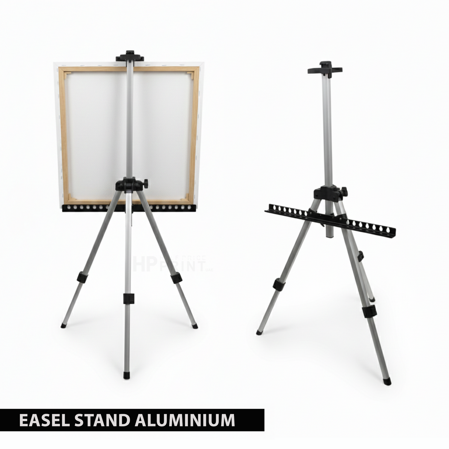 Two aluminium easel stands with a white background
