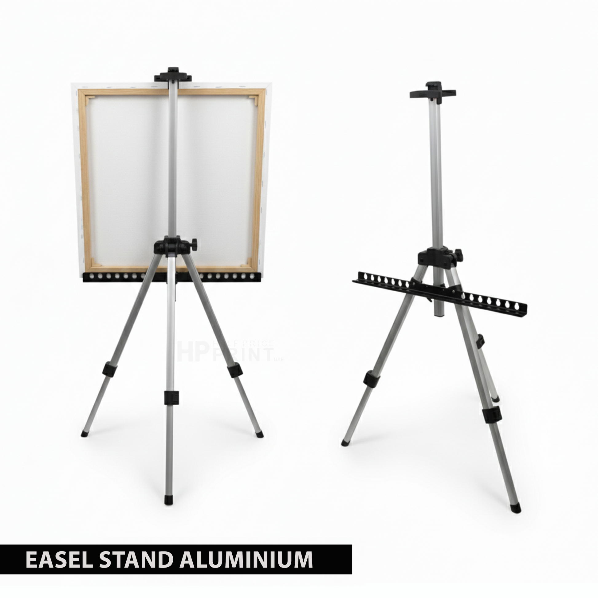 Two aluminium easel stands with a white background