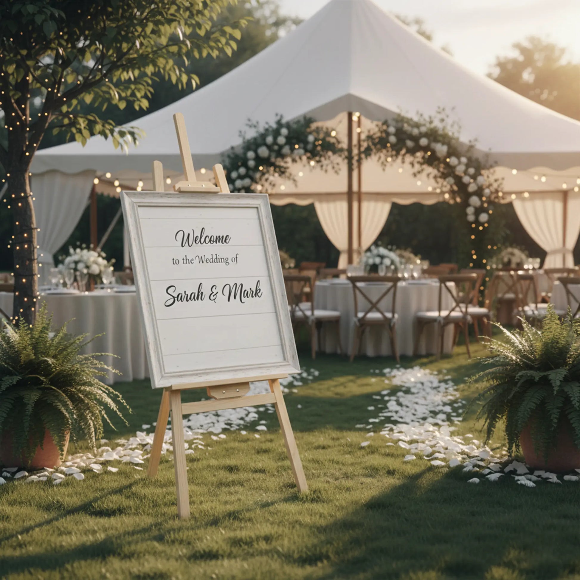 Wedding setup with a welcome easel stand