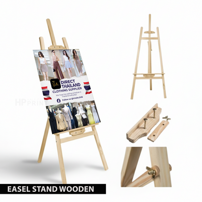 Wooden easel stand with promotional poster on a white background