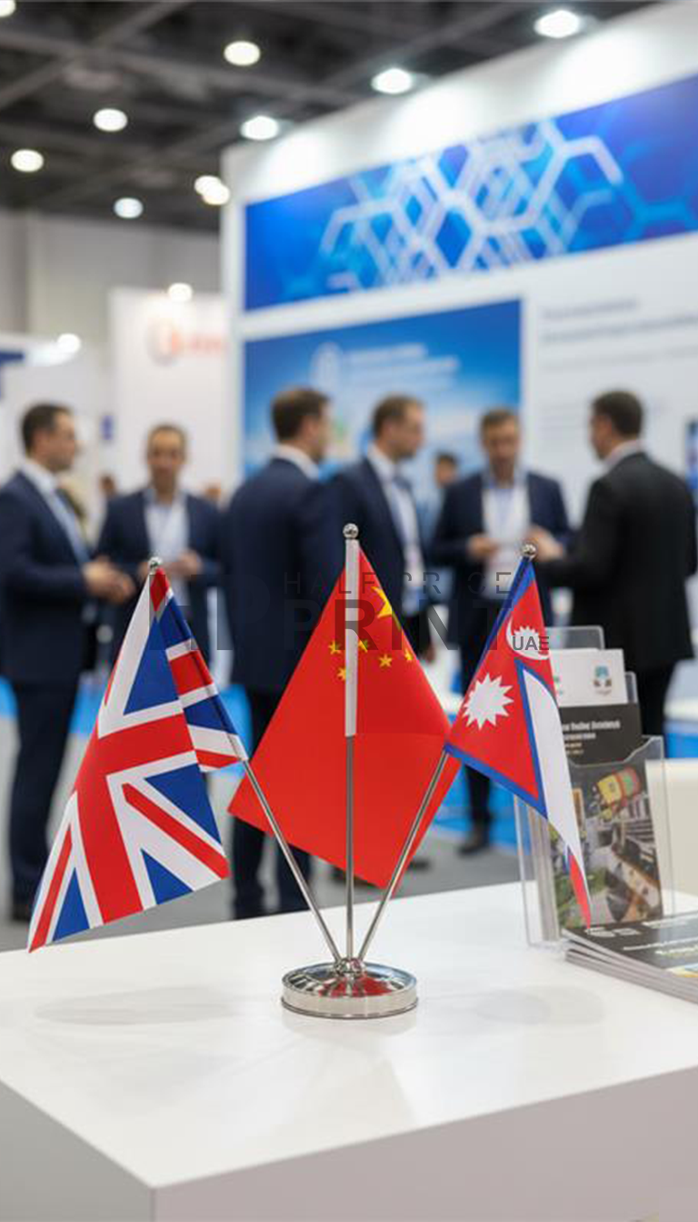 Flags of the United Kingdom, China, and Nepal on a stand at an exhibition.