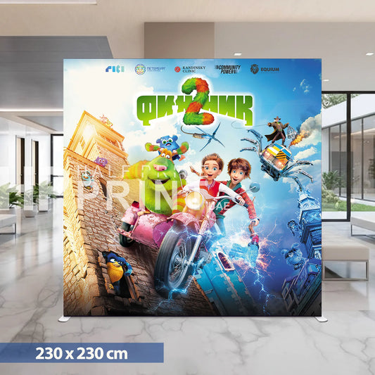 Promotional fabric display stand for Neobreez with collage of images and branding in a modern office setting.