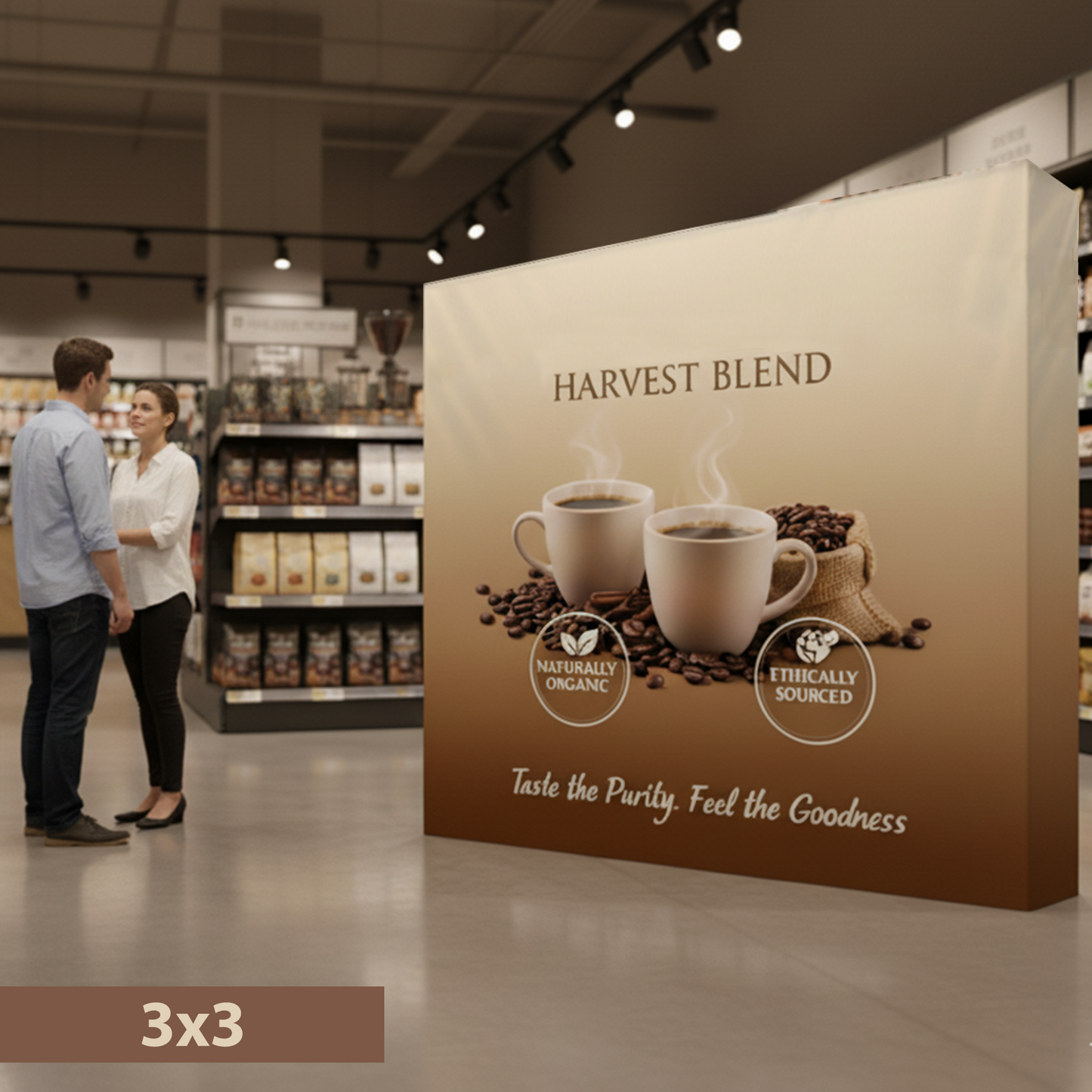 Harvest Blend coffee display in a store with two people looking at it.