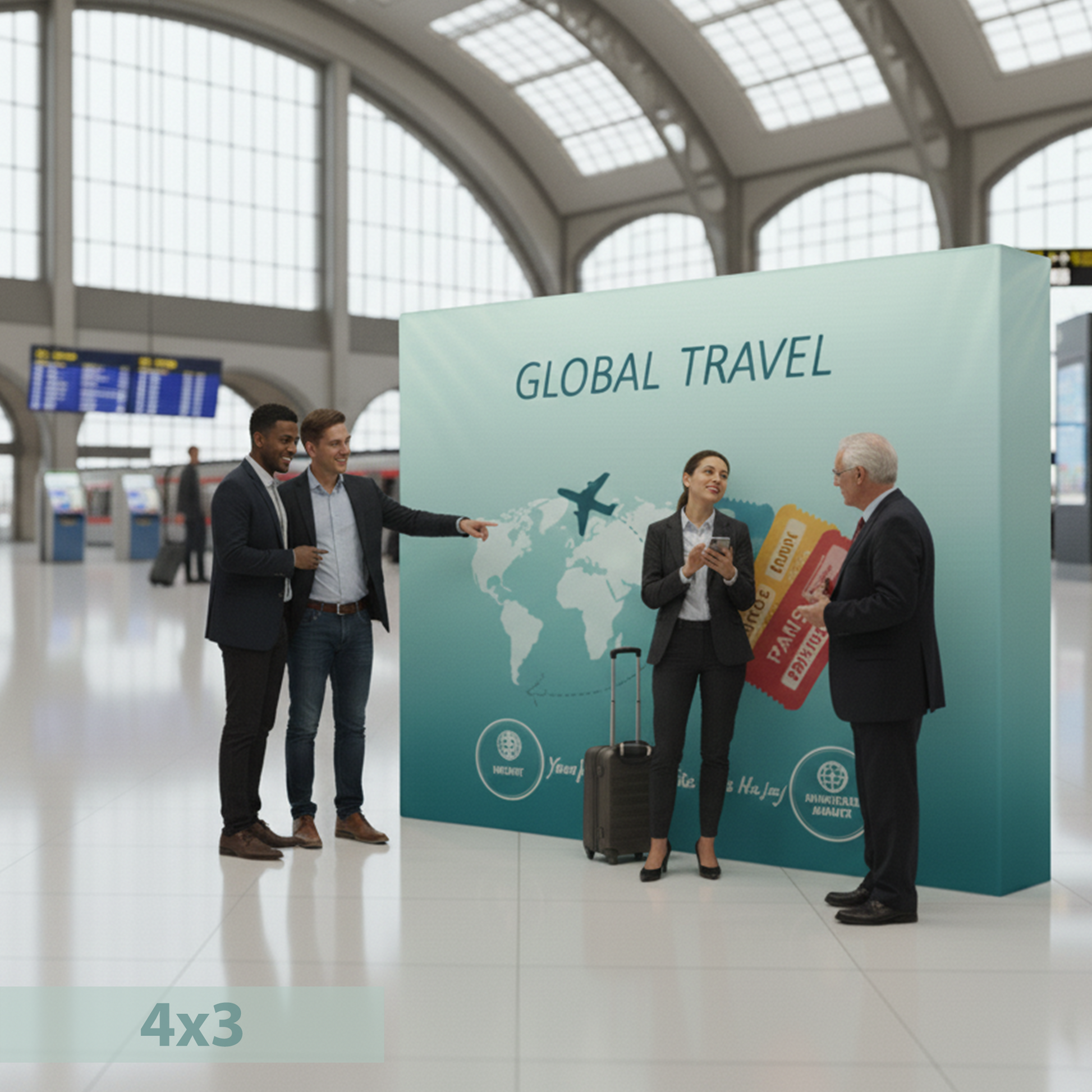 People in an airport terminal with a Global travel fabric pop up display.