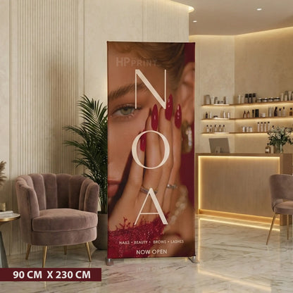 Promotional banner for a beauty salon named 'NOA' in a modern interior setting.