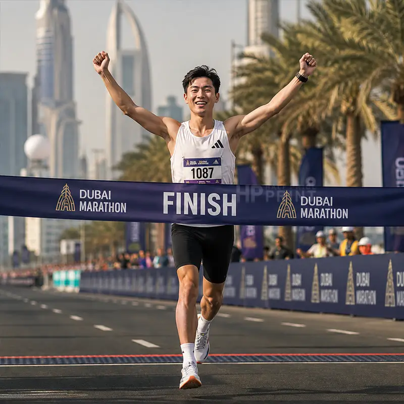 A male marathon runner crosses the finish line at the Dubai Marathon, wearing a white sleeveless athletic top, black shorts, and white running shoes. The background shows a city skyline with palm trees and race banners reading 'Dubai Marathon' and 'FINISH'.