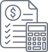 Icon of a document with a dollar sign, checkmarks, and a calculator.