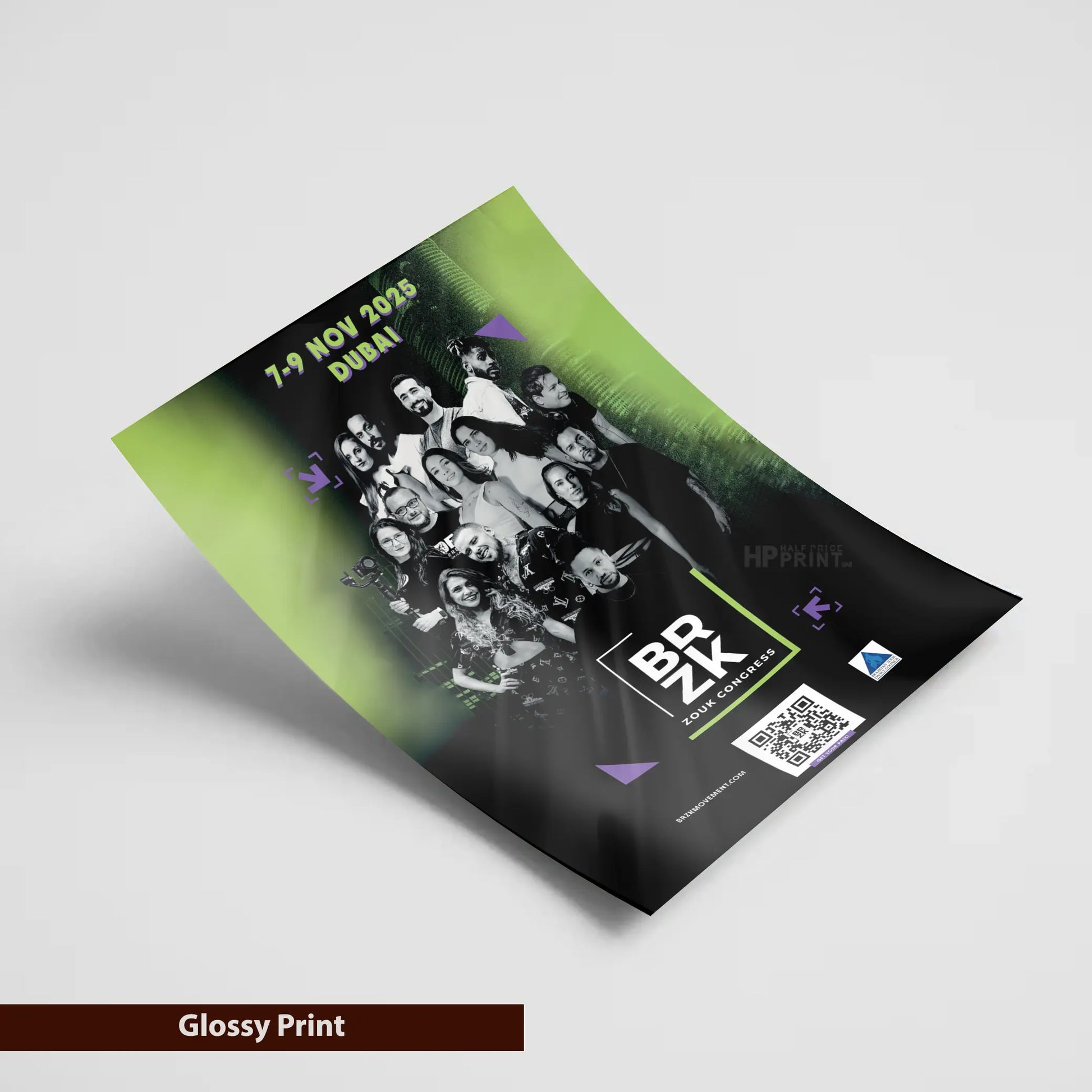 Promotional glossy flyer for a music event featuring a band with a green and black design on a gray background.