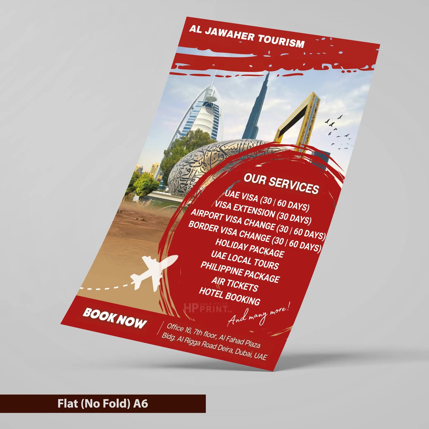Al Jawaher Tourism flyer with travel services listed on a gray background