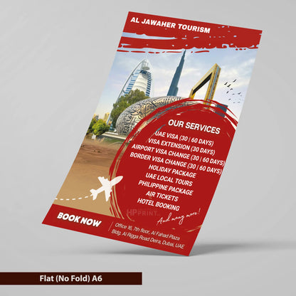 Al Jawaher Tourism flyer with travel services listed on a gray background