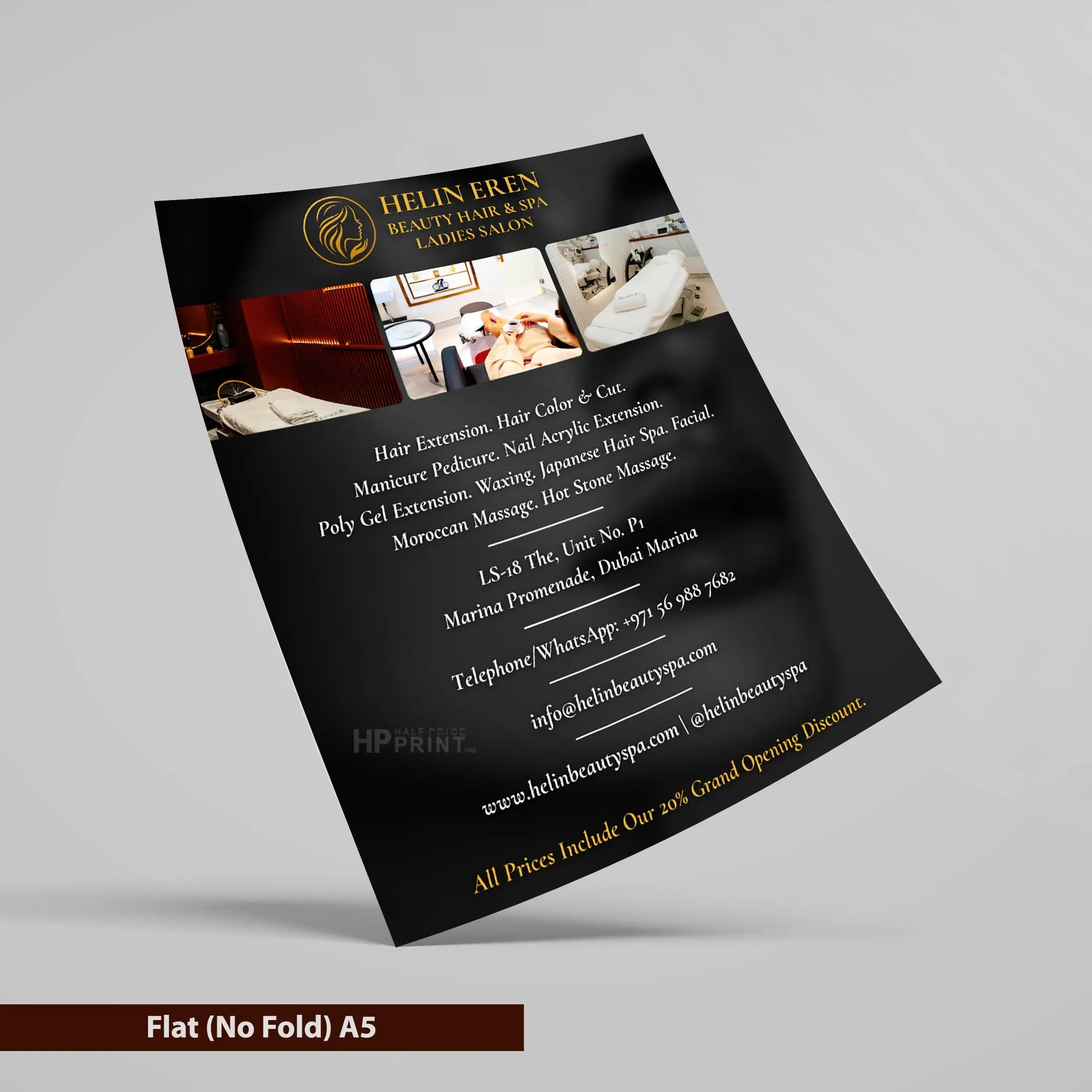 Black and gold flyer for Helin Ellen Beauty Center on a gray background