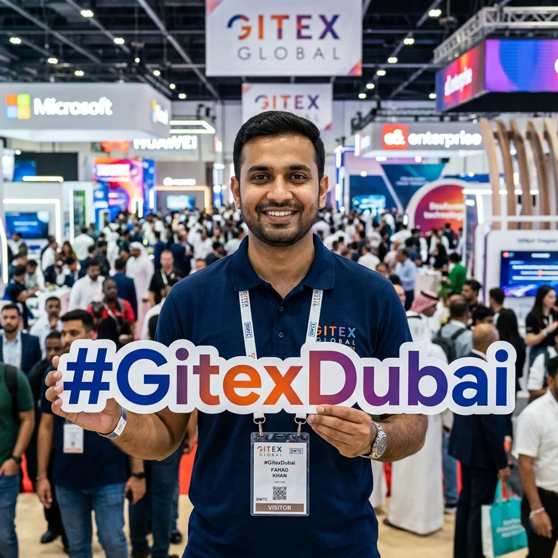 Man holding a '#GitexDubai' sign at a busy convention center with various booths and people in the background.