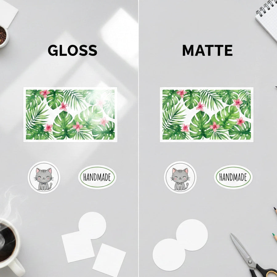 Comparison of gloss and matte finishes on printed materials with decorative elements.