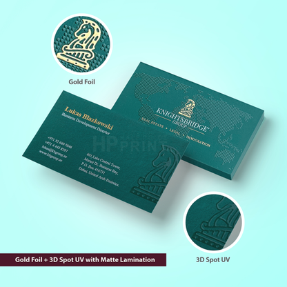 Light Green business card with gold foil and 3D spot UV on a light blue background