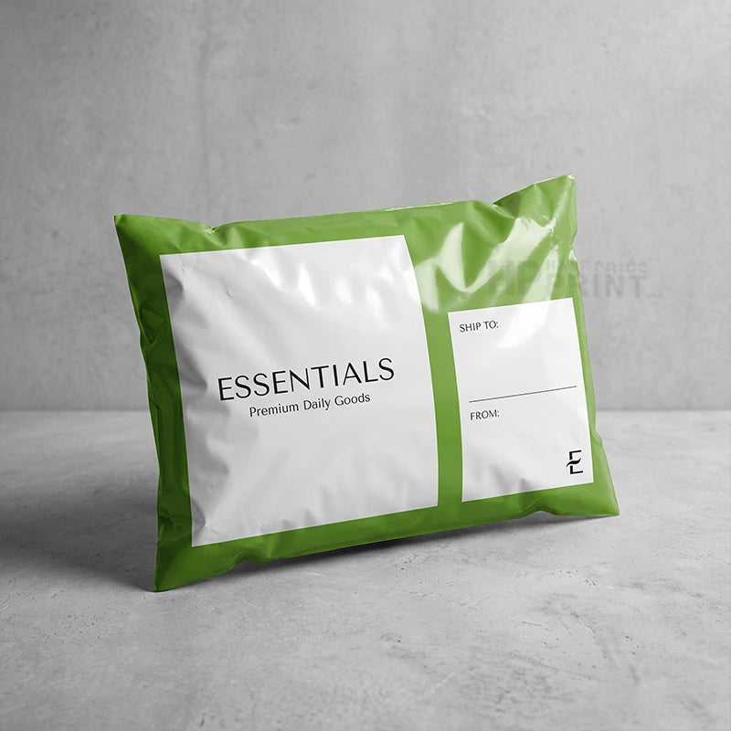 A green and white compostable mailer with 'ESSENTIALS Premium Daily Goods' printed on it, set against a textured gray concrete background.