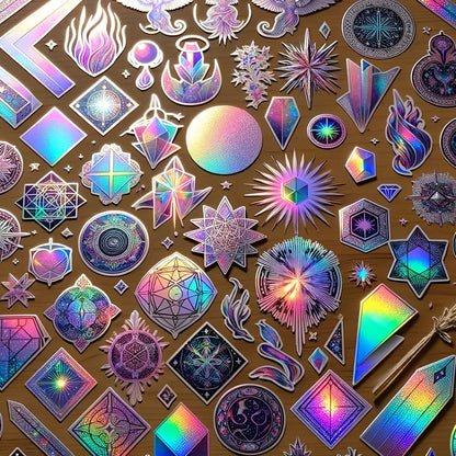 A collection of colorful hologram stickers with various geometric and abstract designs.