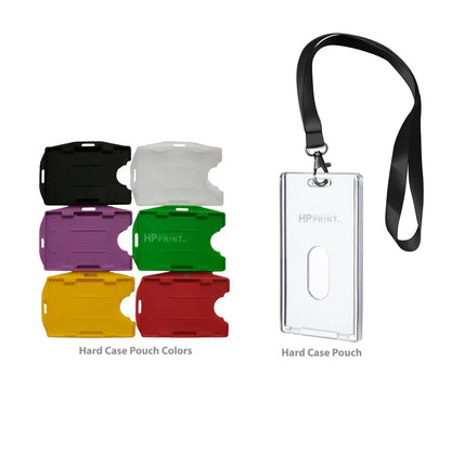 Set of hard case pouches in various colors with a clear pouch and lanyard on a white background.