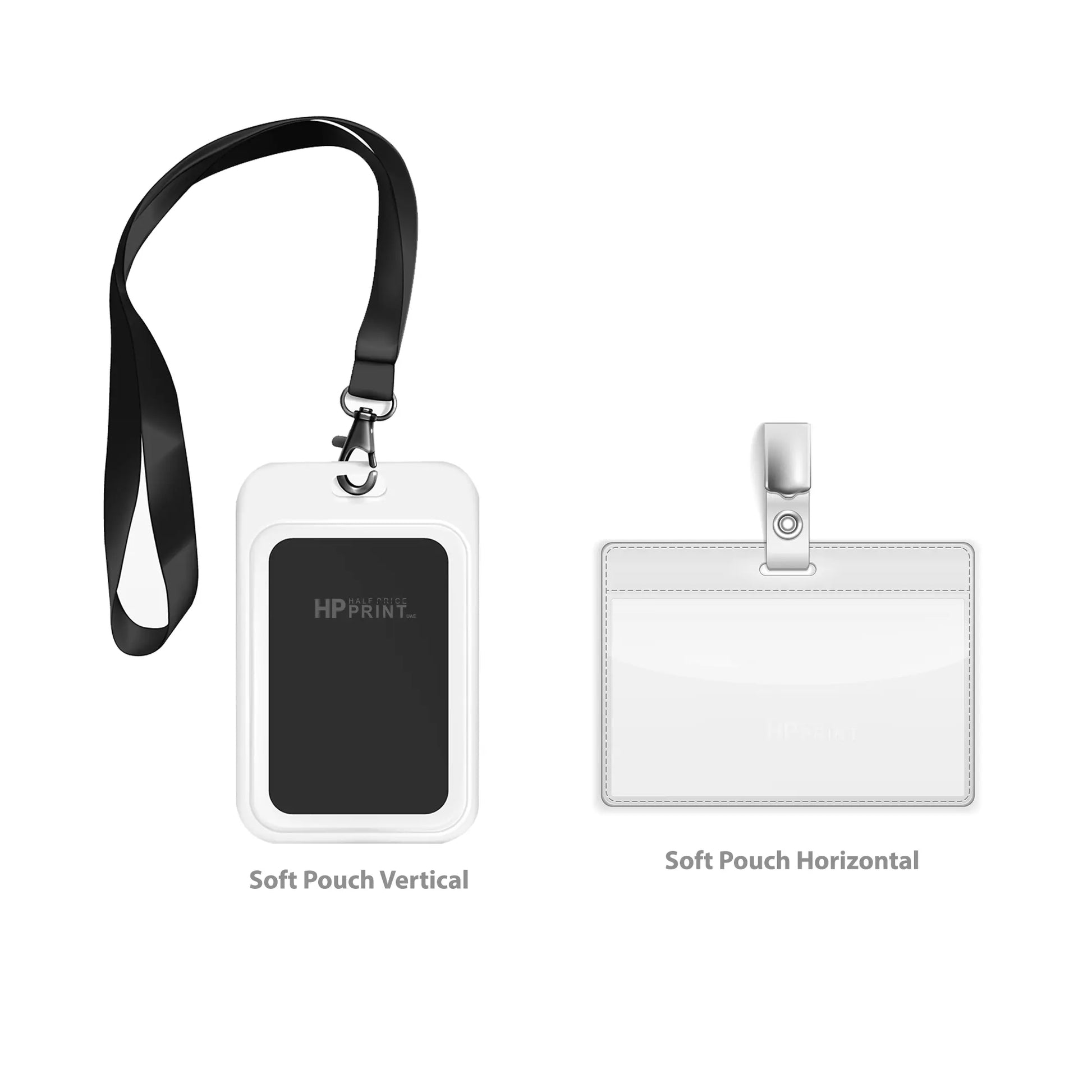 Two soft pouches with lanyards on a white background, labeled 'Soft Pouch Vertical' and 'Soft Pouch Horizontal'.