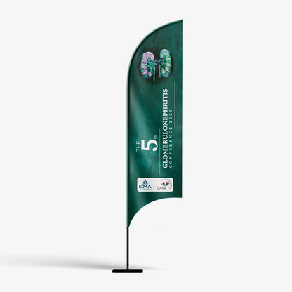Green feather flag with text and logos on a white background
