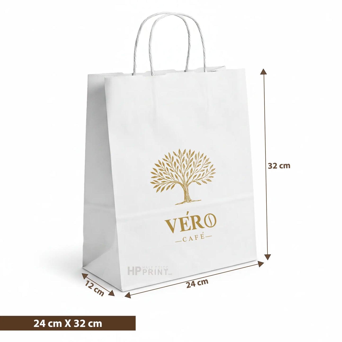 White kraft paper bag with 'Véro Cafe' logo and dimensions on a white background