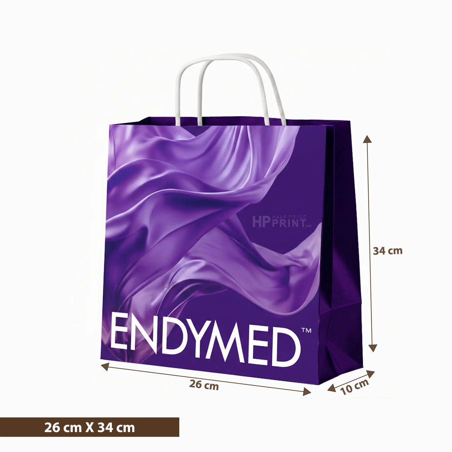 Purple Endymed kraft shopping bag with dimensions on a white background