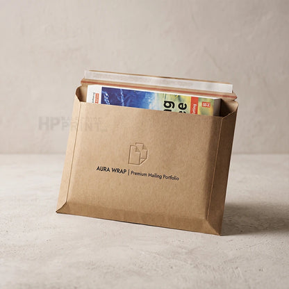 A kraft paper mailer envelope from Aura Wrap, shown standing upright on a light textured surface with a magazine partially tucked inside.