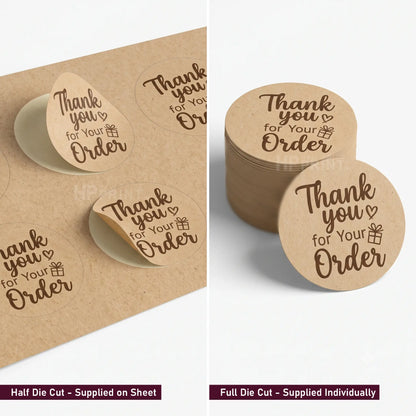 Two panels show kraft paper gift tags with the printed phrase 'Thank you for Your Order' and a small gift box icon. The left panel shows the tags on a supplied sheet, and the right panel shows a stack of individual round and teardrop-shaped tags on a white background.