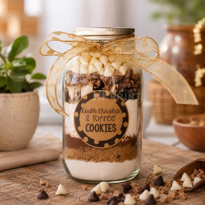 A glass jar filled with layered dry chocolate and toffee cookies, topped with white chocolate chips and tied with a sheer gold ribbon. A round label on the front reads 'Fruitable Chocolate & Toffee Cookies.