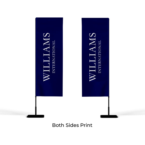 Two navy blue banners with 'Williams International' text on a white background