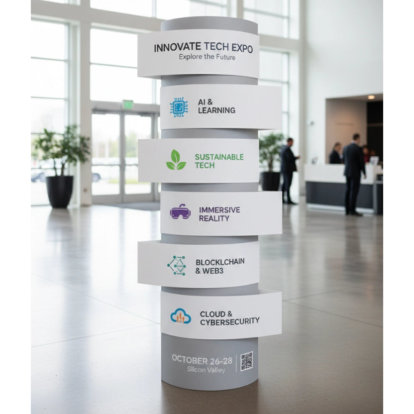 Lama display standee with categories of technology at an expo in a modern building.