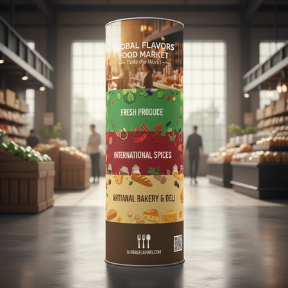 Lama Display Standee for a food market with various product categories in a grocery store setting