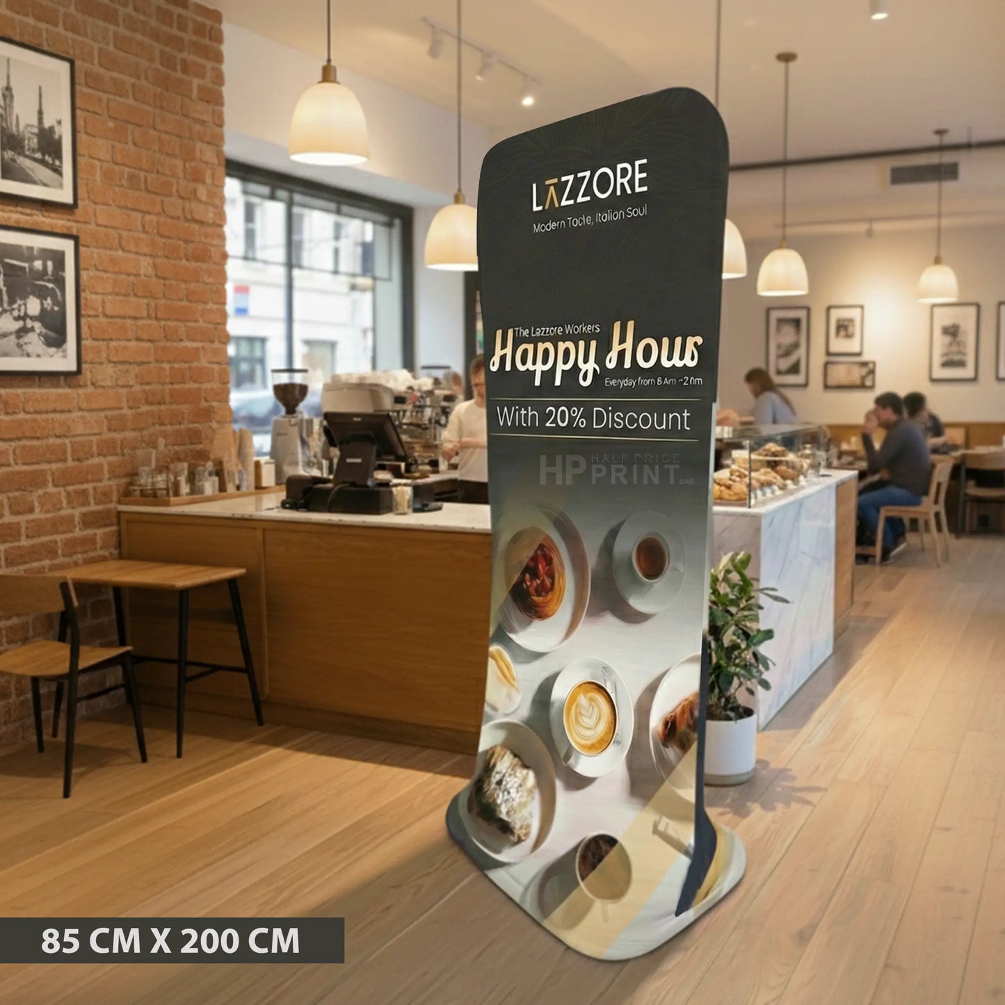 Promotional standee for Lazzore restaurant with happy hour offer in a cafe setting