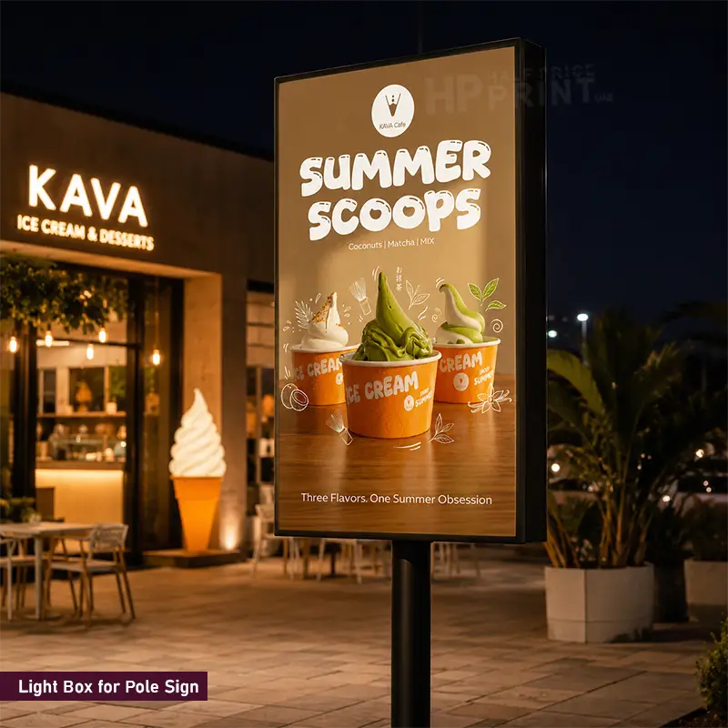 A freestanding outdoor ice cream pole sign at night on a sidewalk in front of a Kava ice cream shop. The sign has a tan background with the text 'SUMMER SCOOPS' and shows three scoops of green and vanilla ice cream in orange cups.
