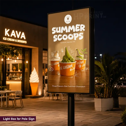 A freestanding outdoor ice cream pole sign at night on a sidewalk in front of a Kava ice cream shop. The sign has a tan background with the text 'SUMMER SCOOPS' and shows three scoops of green and vanilla ice cream in orange cups.