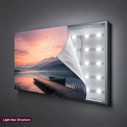 A rectangular wall light box mounted on a dark gray wall, showing a printed scenic sunset image on one side and built-in LED light strips on the other. The printed side depicts a lake, mountains, a dock, birds, and a pink-orange sky.