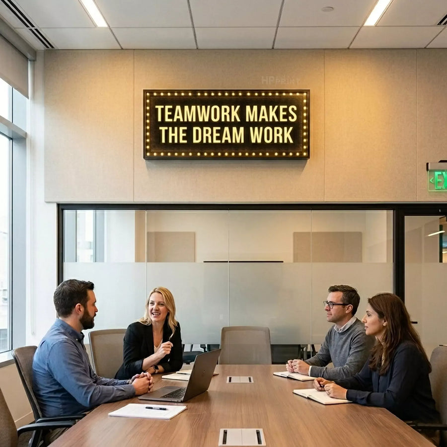 Group of people in a meeting room with a motivational message sign board above them.