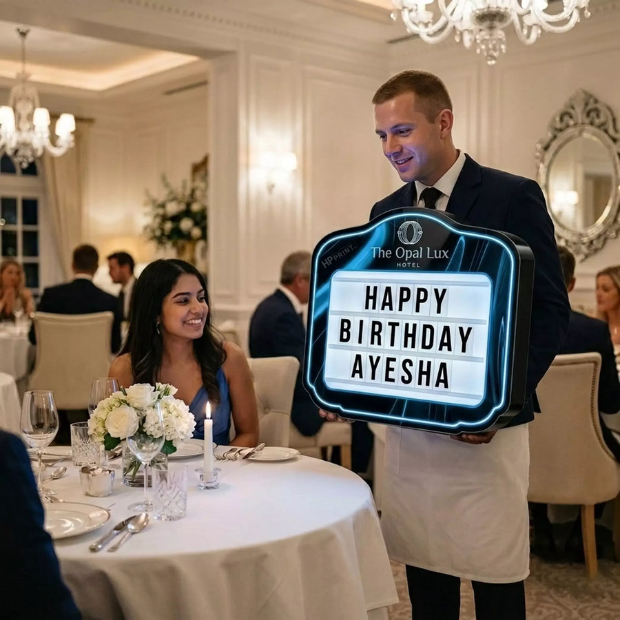 Waiter holding a 'Happy Birthday Ayesha' marquee message sign board in a formal dining room.